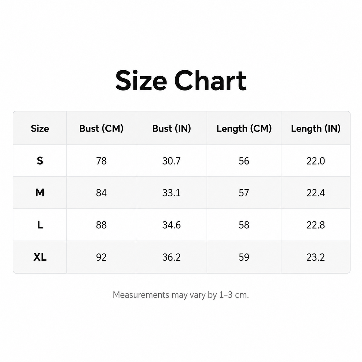 Full Zip Jacket size chart