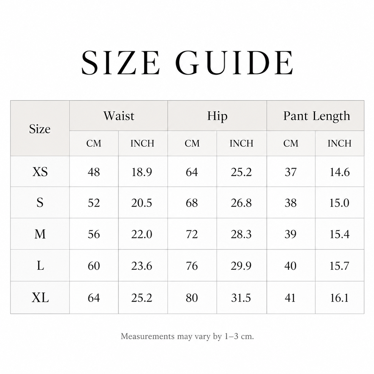 Seamless Shorts size chart
